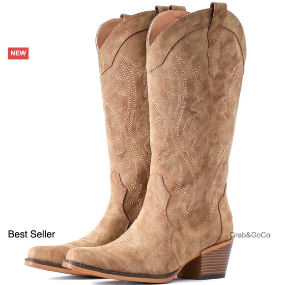 Shoes - Western Cowgirl Boots Chunky Heel Snip Toe Mid Calf Handcrafted Embroidery